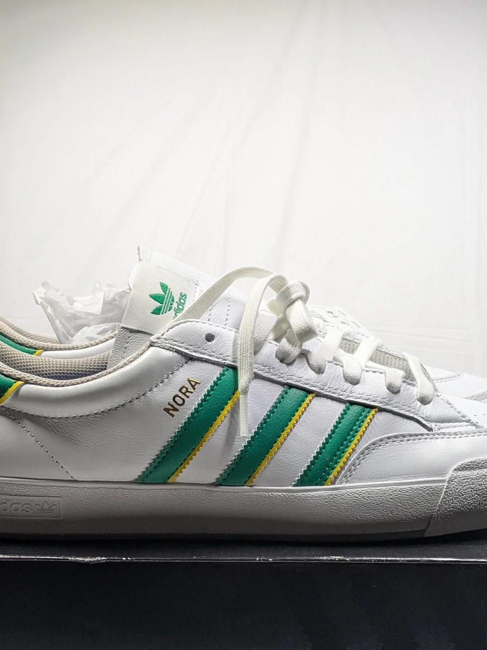 adidas Men’s White Nora with Green & Yellow Stripes